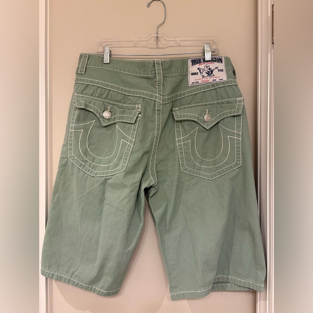 True Religion Sage Green Denim Shorts with Contrast Stitching size 40